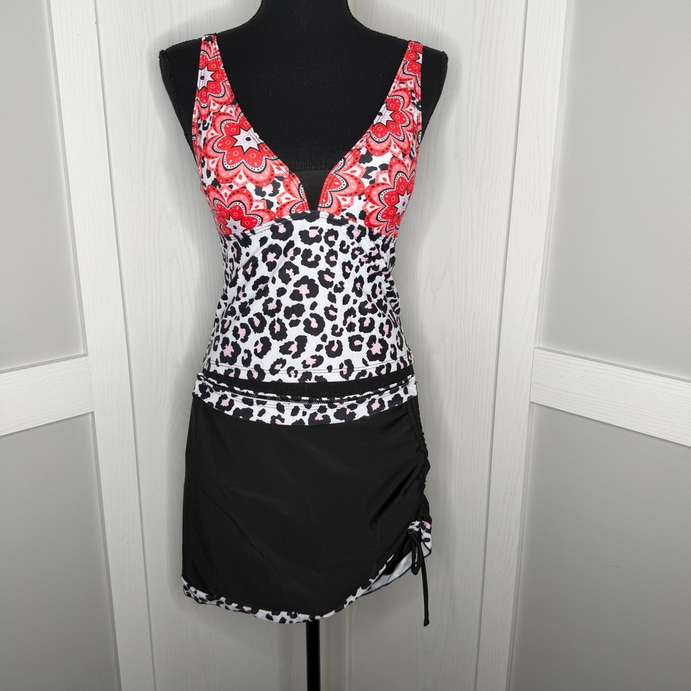Fashion Swimsuit Tankini Set Women Small Black Red Leopard Floral Skirted 2pc